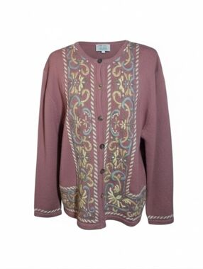 Vtg Susan Bristol Embroidered Dusty Rose/Cream/Sage Wool Cardigan Sweater Sz XL